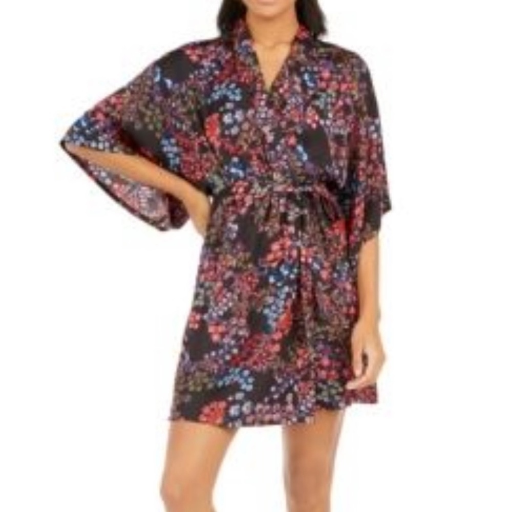 NWT Josie by Natori Women's Floral-Print Satin Wrap Robe XS